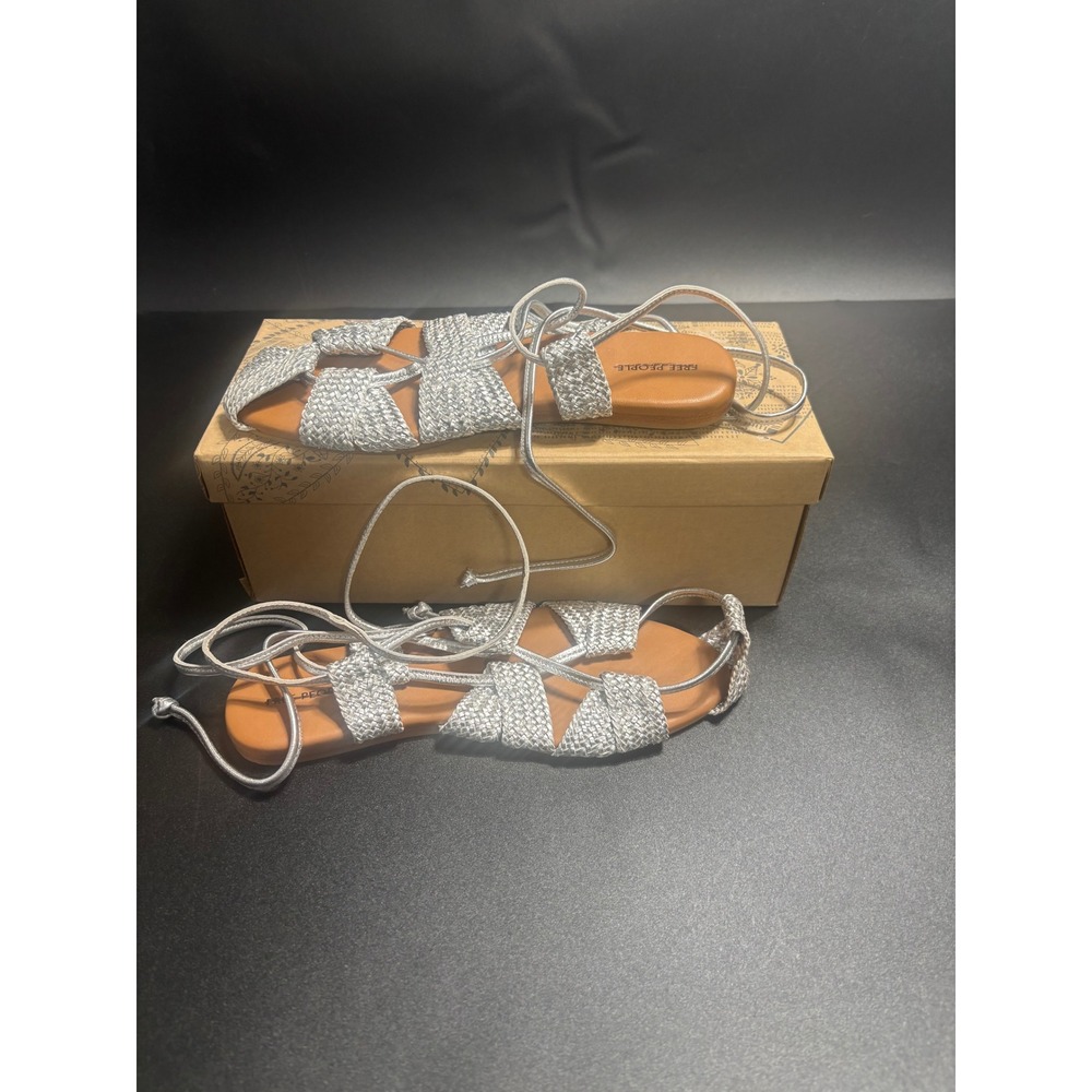 Free People NIB Sunny Gilly Flat Sandals Lace Up Gladiator Sliver 7.5‎ MSRP$128